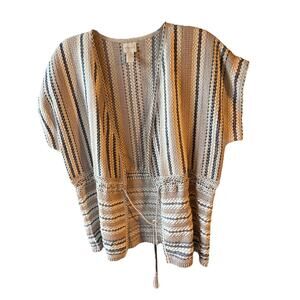 Chico's Cardigan Knit Crochet Open Tie Front Size 2 Beige/Blue/White Striped